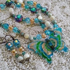 Handmade Gemstone Necklace Glass Butterfly Blue